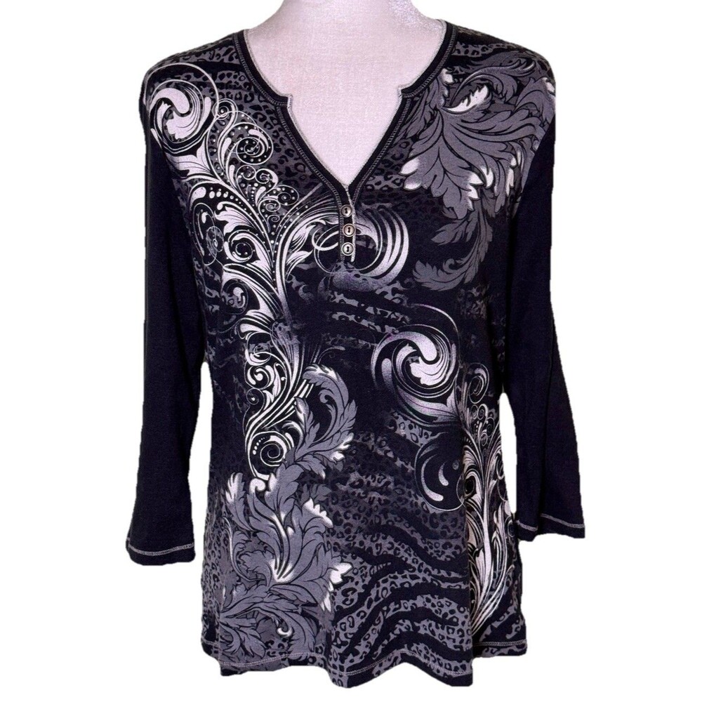Women Black Gray Whimsigothic Art Nouveau‎ Scroll Print 3/4 Sleeve Top Size XL